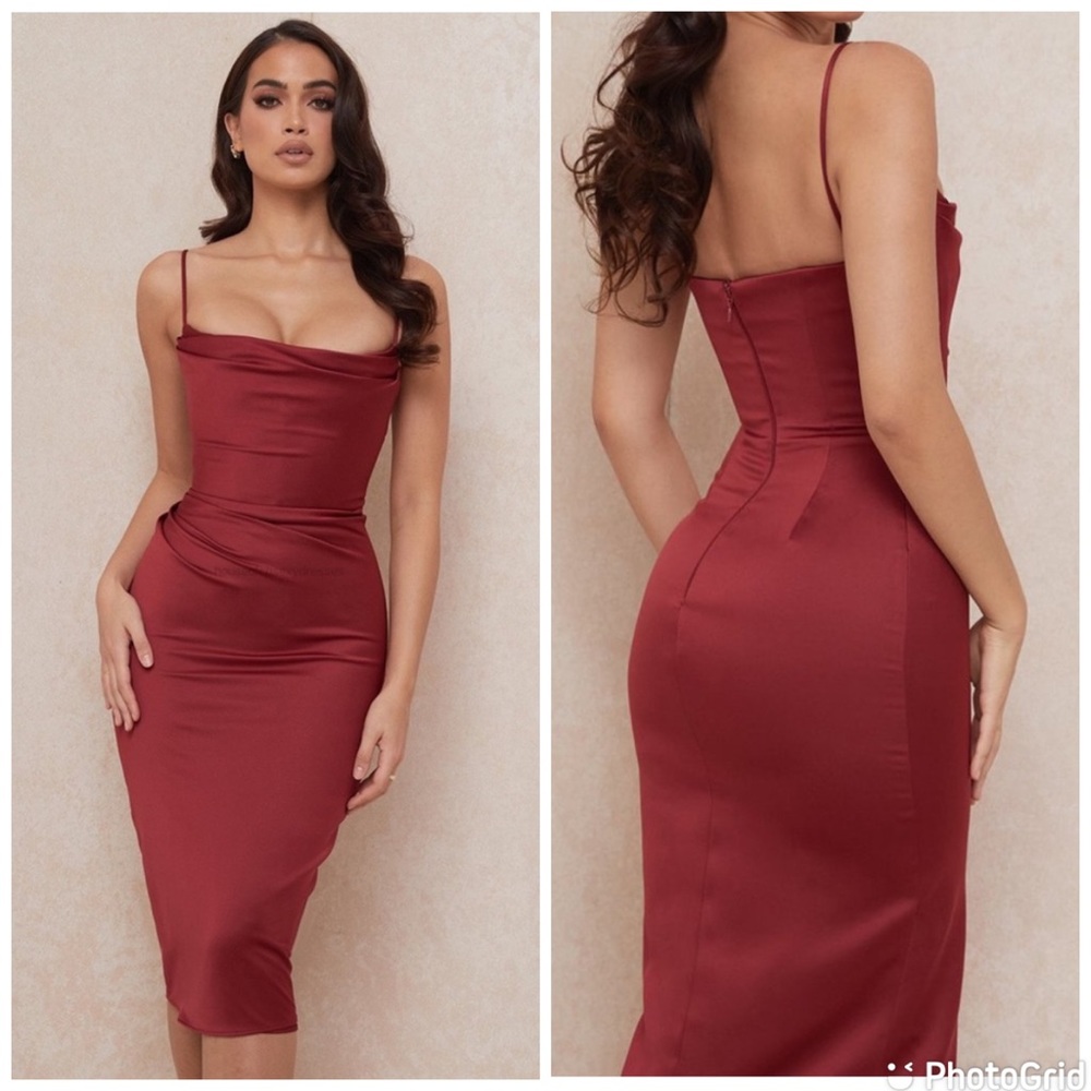 House of CB Anja Wine Satin Corset Midi Dress